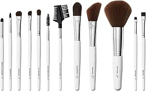 Twelve different sized white and silver makeup brushes