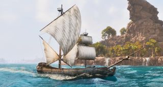 A pirate ship on an ocean in a work-in-progress screenshot from Ark: Survival Ascended