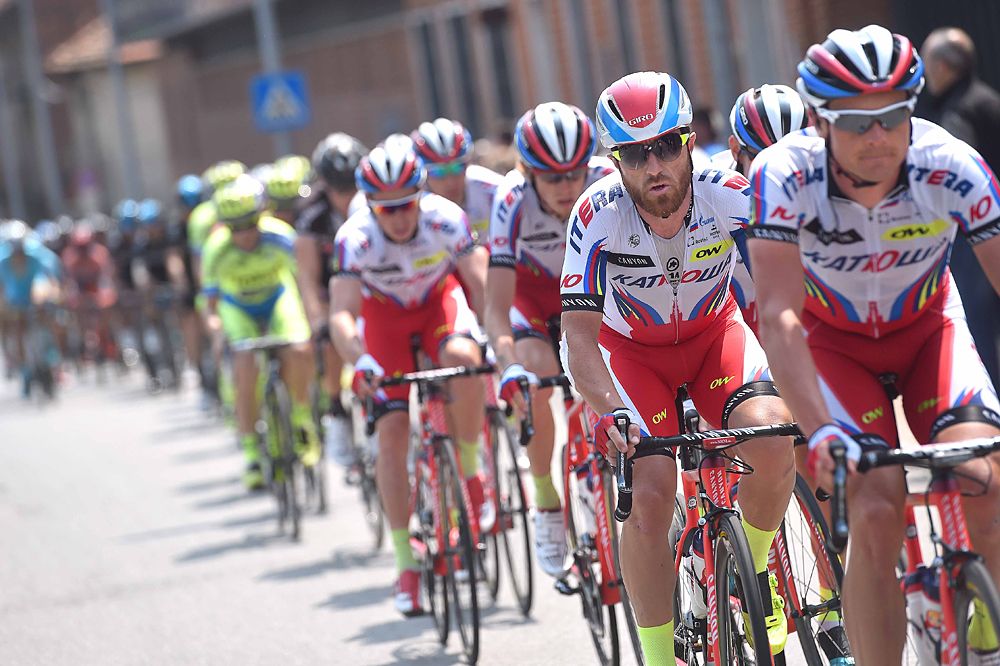 Team Katusha lined up at the front of the field during stage 19