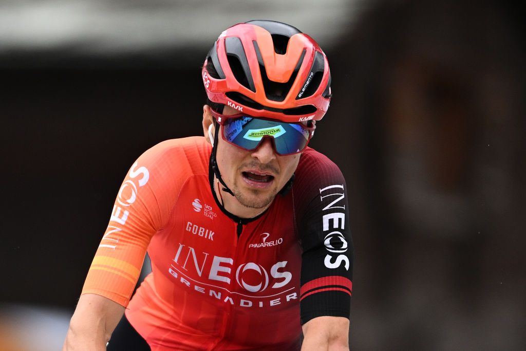 BLATTEN SWITZERLAND JUNE 14 Thomas Pidcock of The United Kingdom and Team INEOS Grenadiers crosses the finish line during the 87th Tour de Suisse 2024 Stage 6 a 425km stage from Ulrichen to Blatten 1330m UCIWT on June 14 2024 in Blatten Switzerland Photo by Tim de WaeleGetty Images