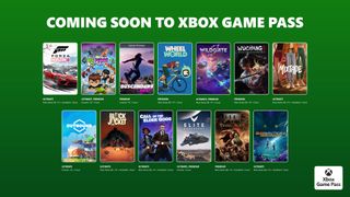 Green Xbox Game Pass banner showcasing upcoming games. Featured games: "Forza Horizon 6," "Teen Titans Go!," "Descenders," "Wheel World," "Wildgate," and more. Exciting and vibrant.