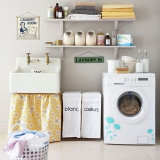 washing machine with white wall and shelves