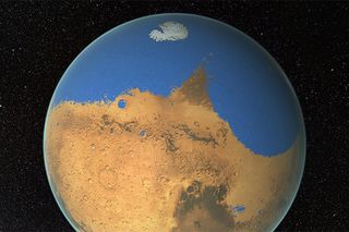 Artist's impression of a primitive ocean on Mars, which may have had more water than the Arctic Ocean on Earth. (Most of that water was later lost to space.)