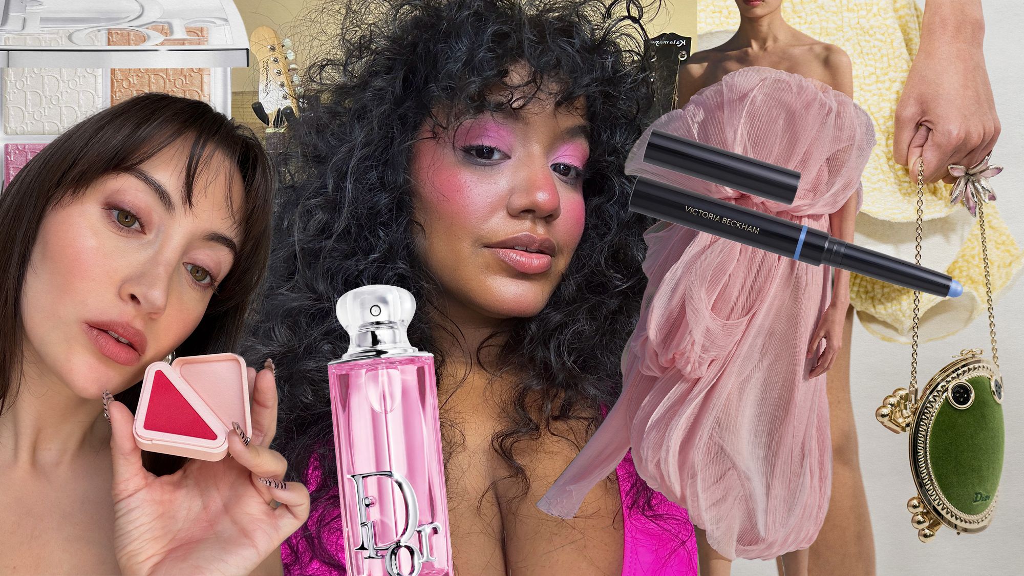 A collage of images of women wearing colorful pink and blue makeup overlaid with Dior runway shots and beauty products.