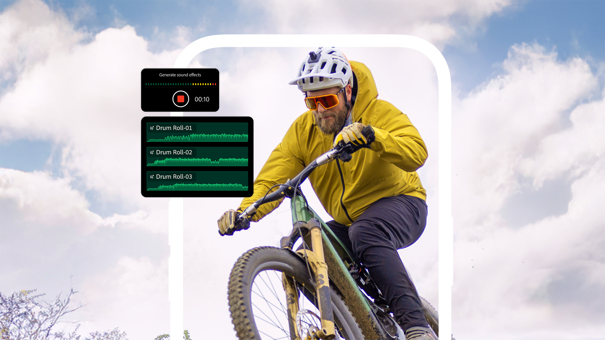 Image of mountain biker with inset screenshot of Adobe Premiere mobile&#039;s generative-AI sound effects