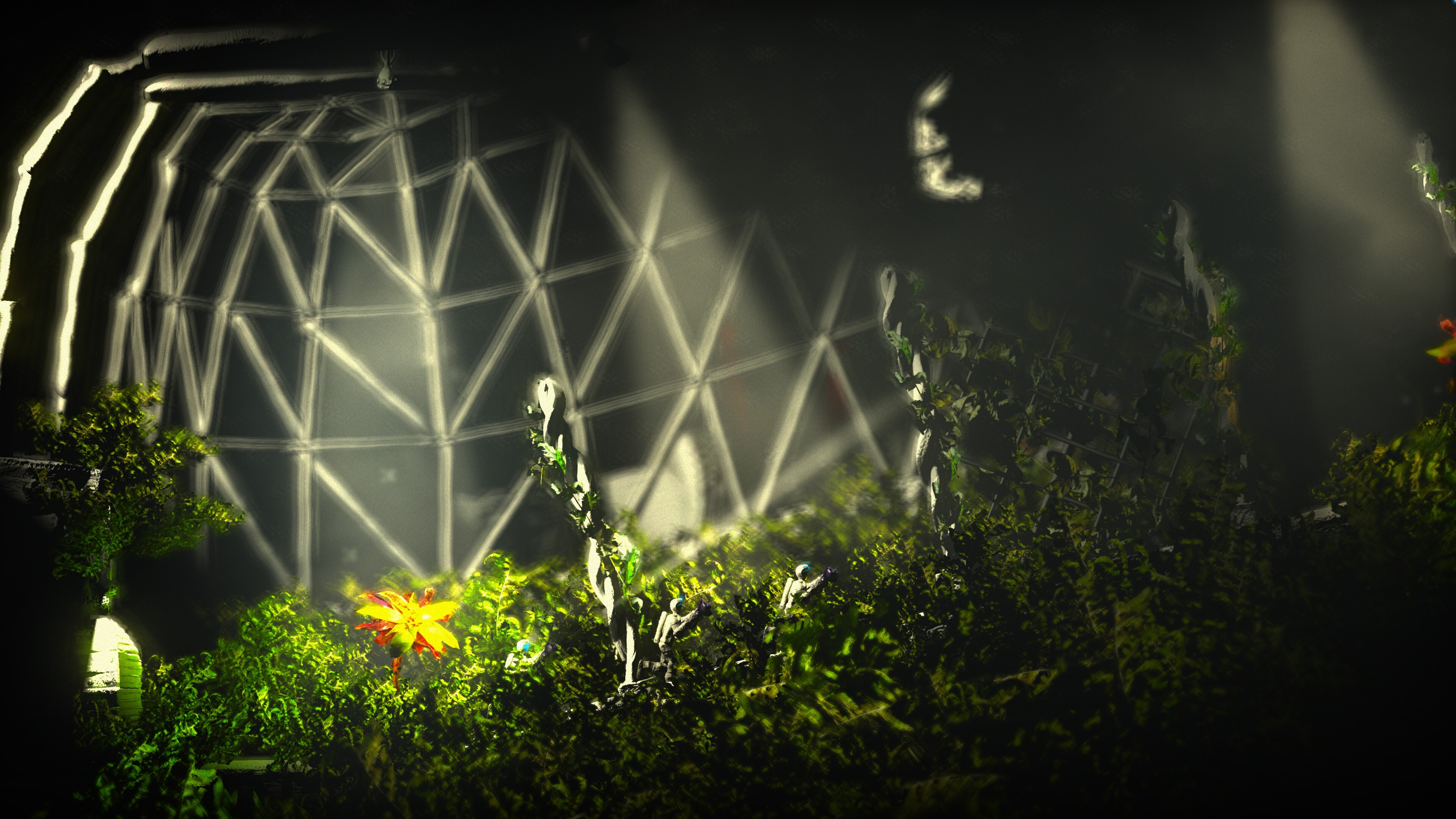 Two clones run through the foliage of a biosphere in The Swapper.