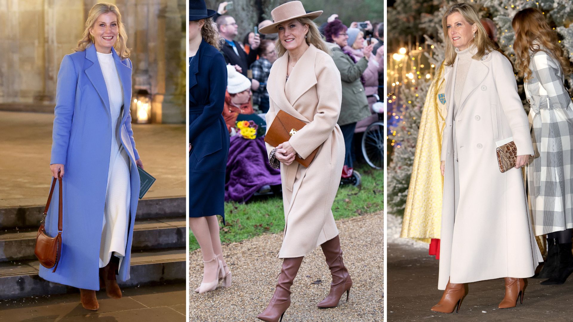 A composite of three pictures of Duchess Sophie wearing knee-high boots and long coats on three different occasions