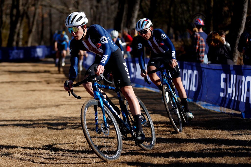 FAYETTEVILLE ARKANSAS JANUARY 30 LR Jack Spranger of The United States and Magnus White of The United States compete during the 73rd UCI CycloCross World Championships Fayetteville 2022 Mens Junior Fayetteville2022 on January 30 2022 in Fayetteville Georgia Photo by Chris GraythenGetty Images