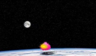 An illustration showing the launch of a gamma-ray flash from an intense storm on Earth, with (magenta) and high-energy electrons (yellow) shooting upward.