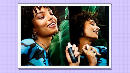 A woman wearing a blue and black top spraying the Sol De Janeiro After Hours perfume on her neck/ in a purple template