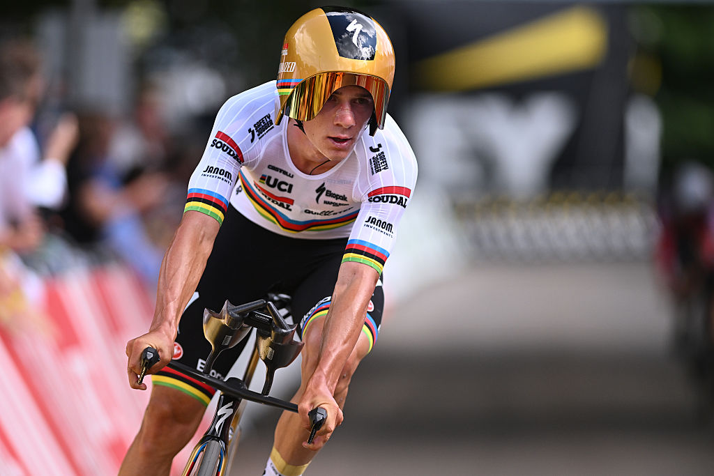 BRASSCHAAT, BELGIUM - JUNE 27: Gold medalist Remco Evenepoel of Belgium crosses the finish line during the 126th Belgian Road Championship 2025 - Men's Elite Individual Time Trial a 40.5km one day race from Brasschaat to Brasschaat on June 27, 2025 in Brasschaat, Belgium. (Photo by Luc Claessen/Getty Images)