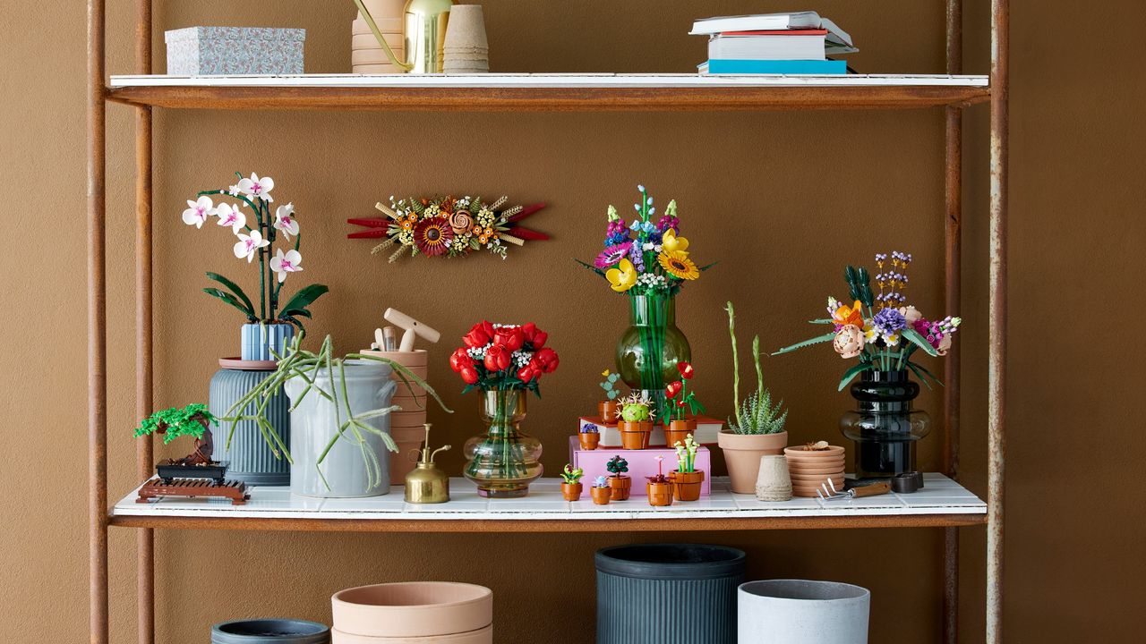 LEGO flowers on a bookshelf