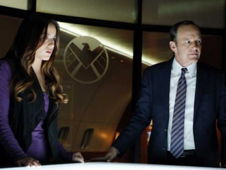 The show's resident hacker Skye (Chloe Bennet, left) and Agent Coulson (Clark Gregg) in S.H.I.E.L.D. headquarters.