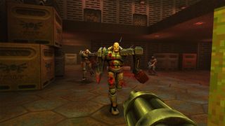 Fighting enemies using a minigun in Quake 2. 