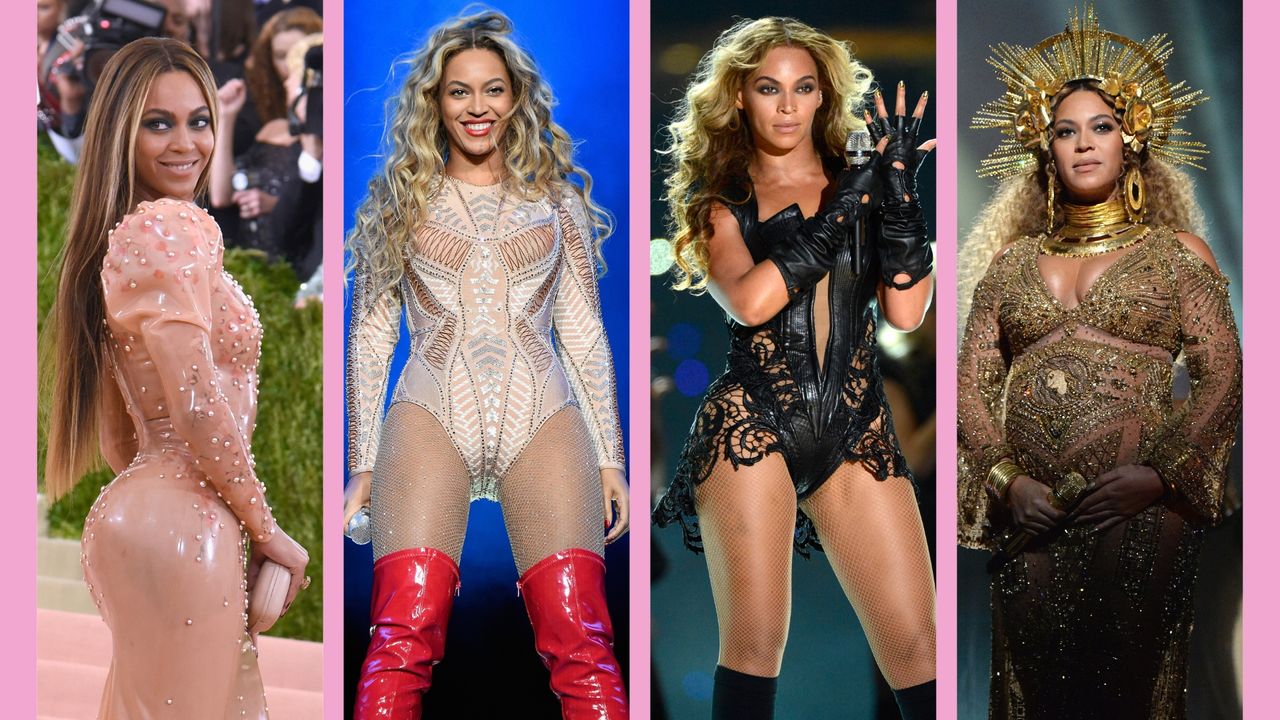 Beyonce&#039;s best looks: Beyonce pictured wearing a pink dress, a silver bodysuit and red books, a black bodysuit and a gold dress in a pink, four picture template