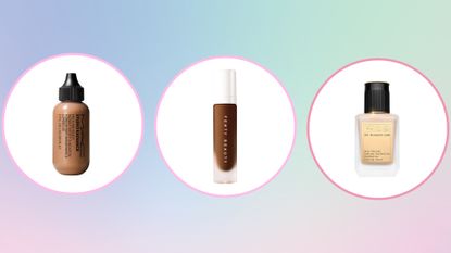 Collage of three of the best foundations included in this guide from MAC, Fenty Beauty, and Pat McGrath Labs
