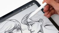 a person using a white stylus to sketch detailed character portraits in a digital illustration app on a tablet.