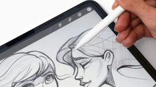 a person using a white stylus to sketch detailed character portraits in a digital illustration app on a tablet.