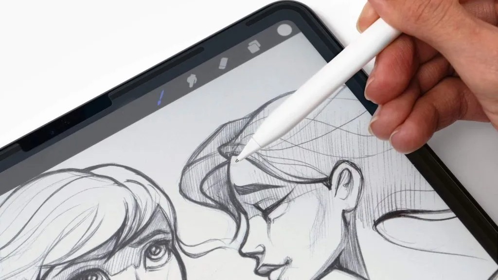 a person using a white stylus to sketch detailed character portraits in a digital illustration app on a tablet.