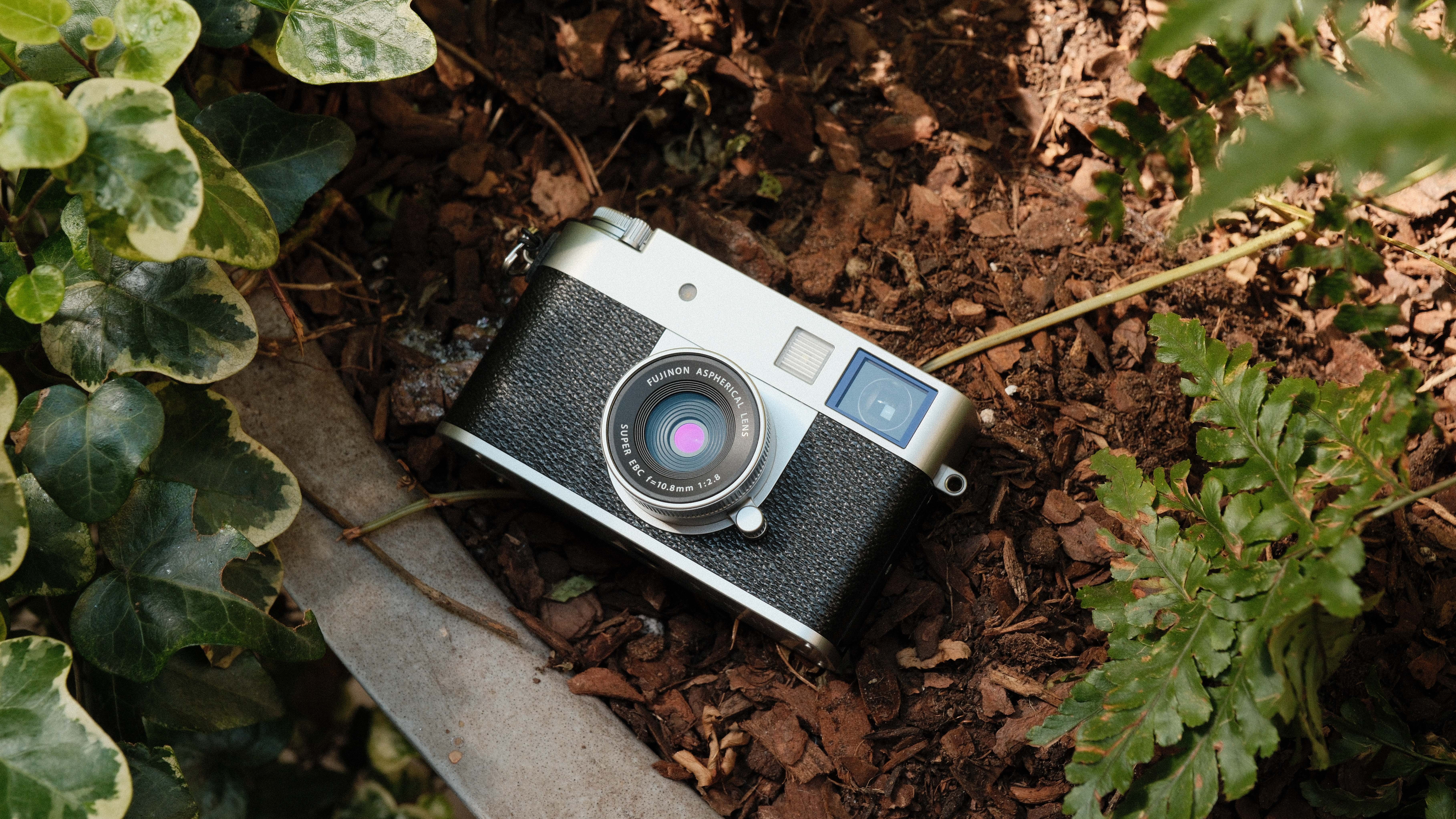 Fujifilm X Half camera on wood chips surrounded by green plants