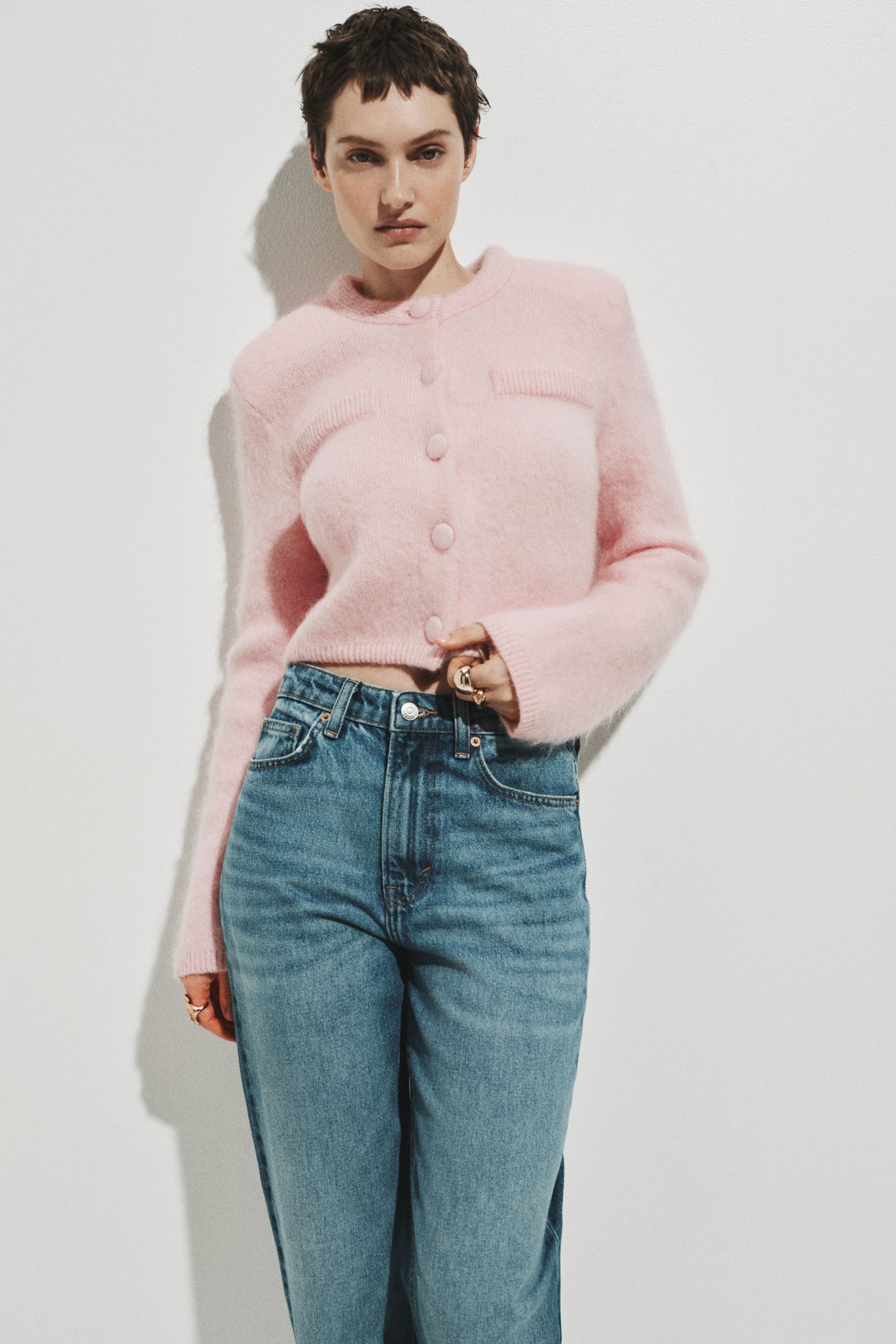 Mohair-Blend Cardigan With Shoulder Pads - Light Pink