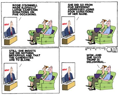 Political cartoon U.S. Rosie O'Donnell campaign violation