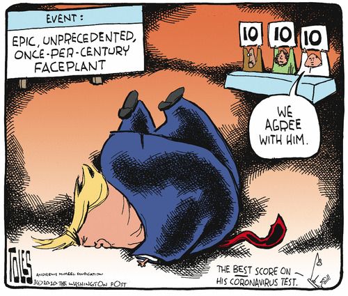 Political Cartoon U.S. Trump Coronavirus COVID-19 response testing faceplant