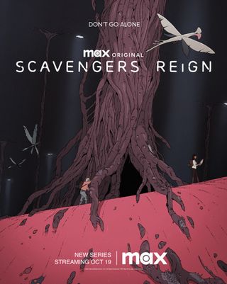 two human figures explore the roots of a giant tree rising from red soil as alien dragonfly-looking creatures soar overhead
