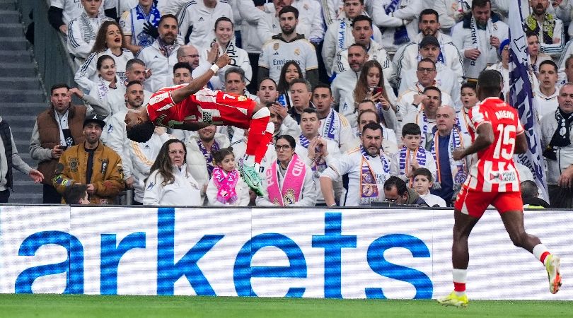 Largie Ramazani celebrates after scoring for Almeria against Real Madrid after 38 seconds at the Santiago Bernabeu in LaLiga in January 2024.