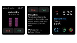 Skjermbilder fra appen webMD for Apple Watch.