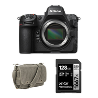 Nikon Z8 with camera bag and 128GB SD card
