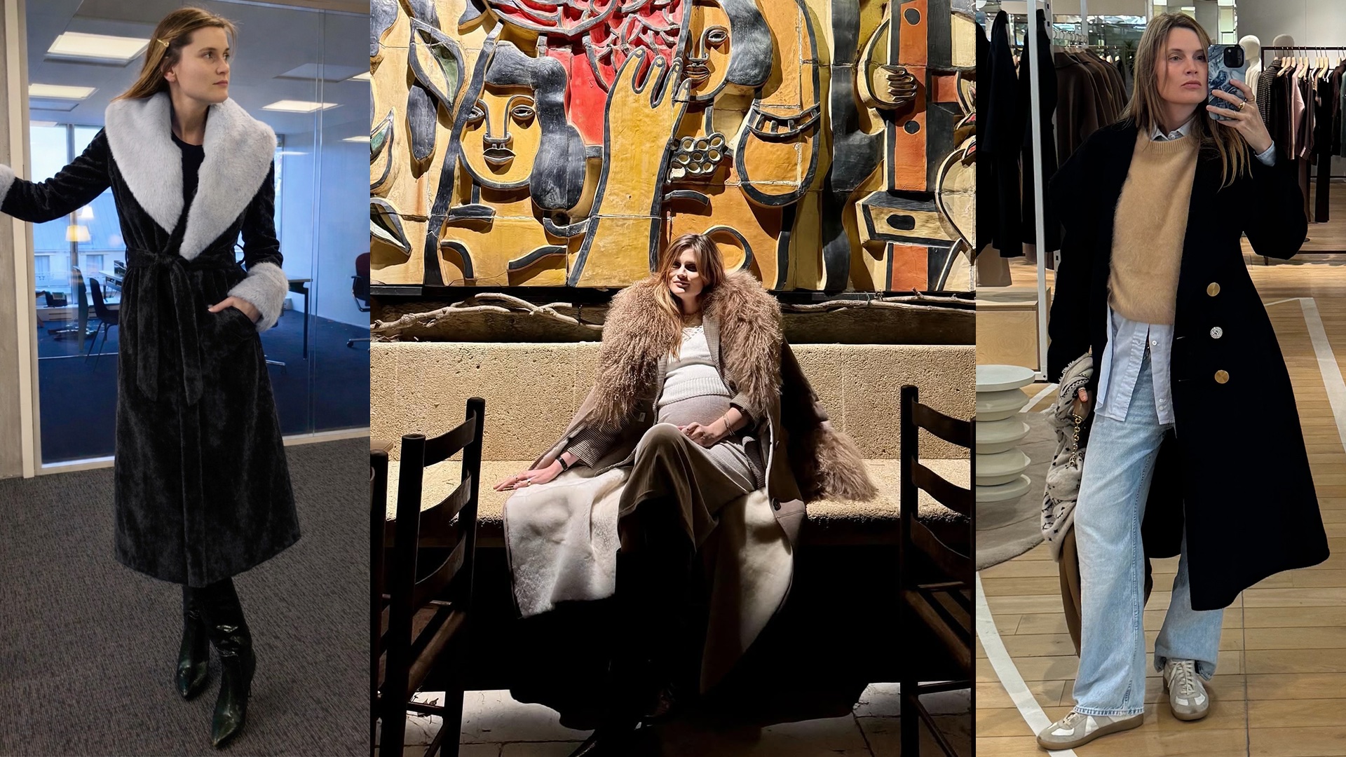 collage of chic coat outfits ideas for 2026 from French writer and editor Eug&eacute;nie Trochu