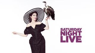 tina fey wears a giant black and white hat and black dress with a bird on her hand in a portrait from when she hosted saturday night live