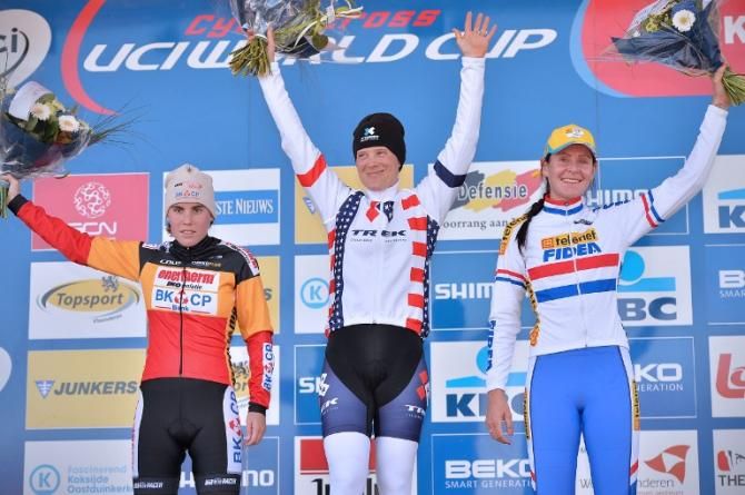 A trio of national champions on the podium at the Koksidje, Belgium round of the cyclo-cross World Cup (L-R): Belgium's Sanne Cant, USA's Katie Compton and Britain's Nikki Harris