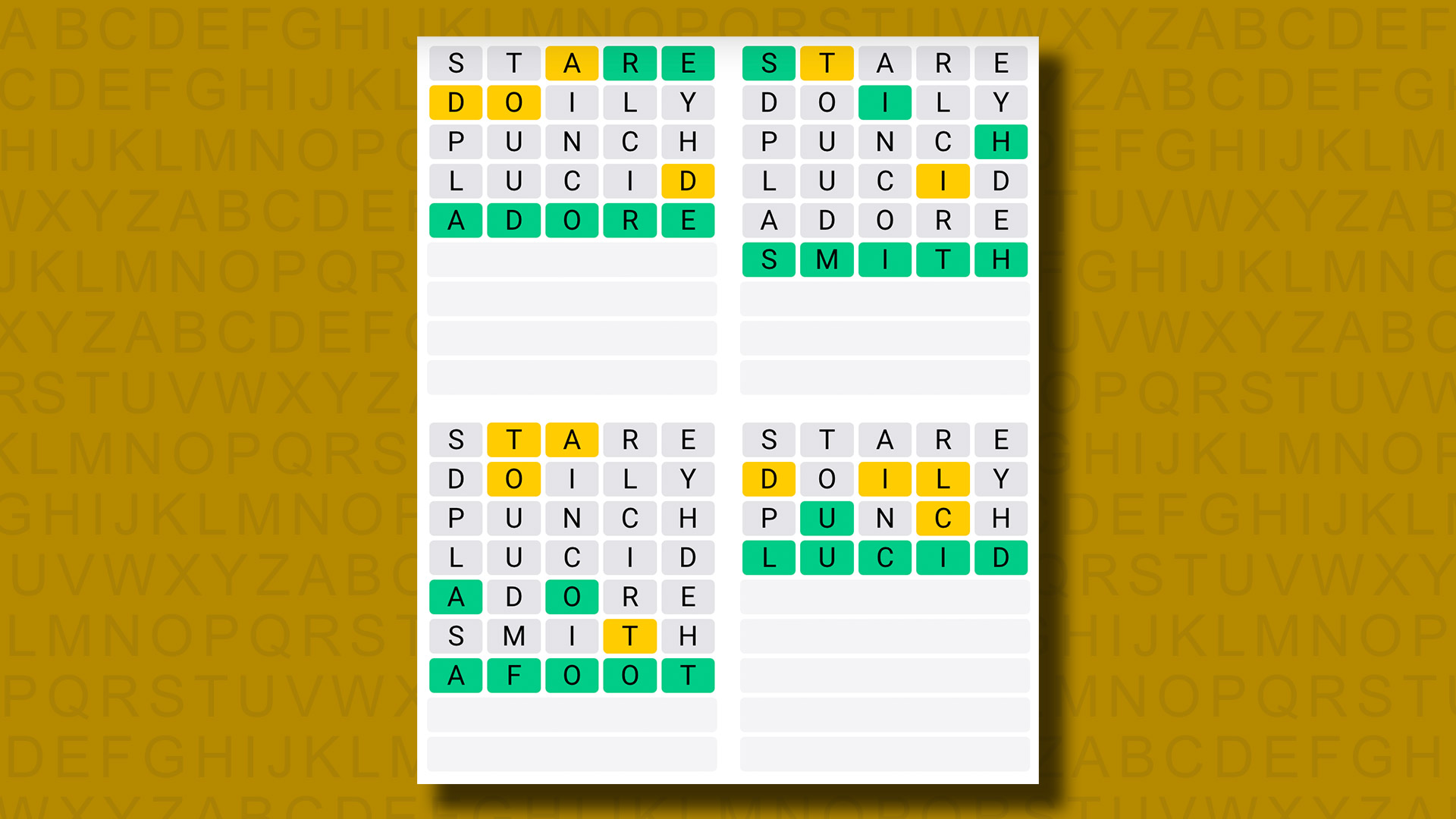 Quordle responde al juego 1002 sobre un fondo amarillo