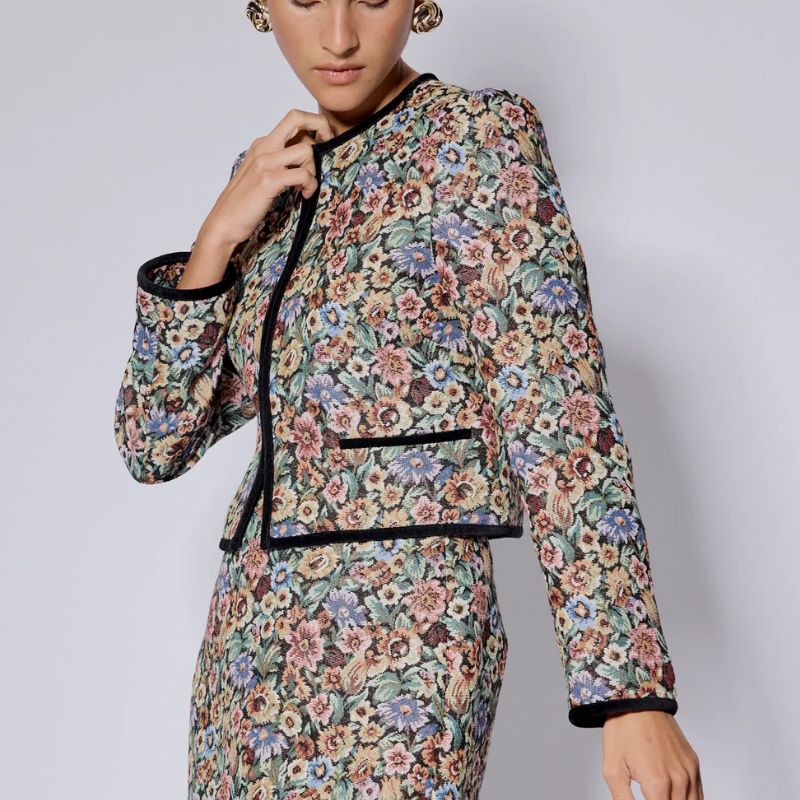 Black Floral Tapestry Jacket on model
