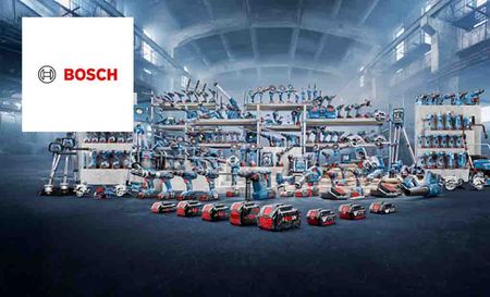 Bosch logo top left with an ai generated image of collection of Bosch appliances in a warehouse