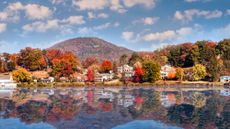 Fall foliage and houses surrounding Lake Junaluska in Asheville, North Carolina