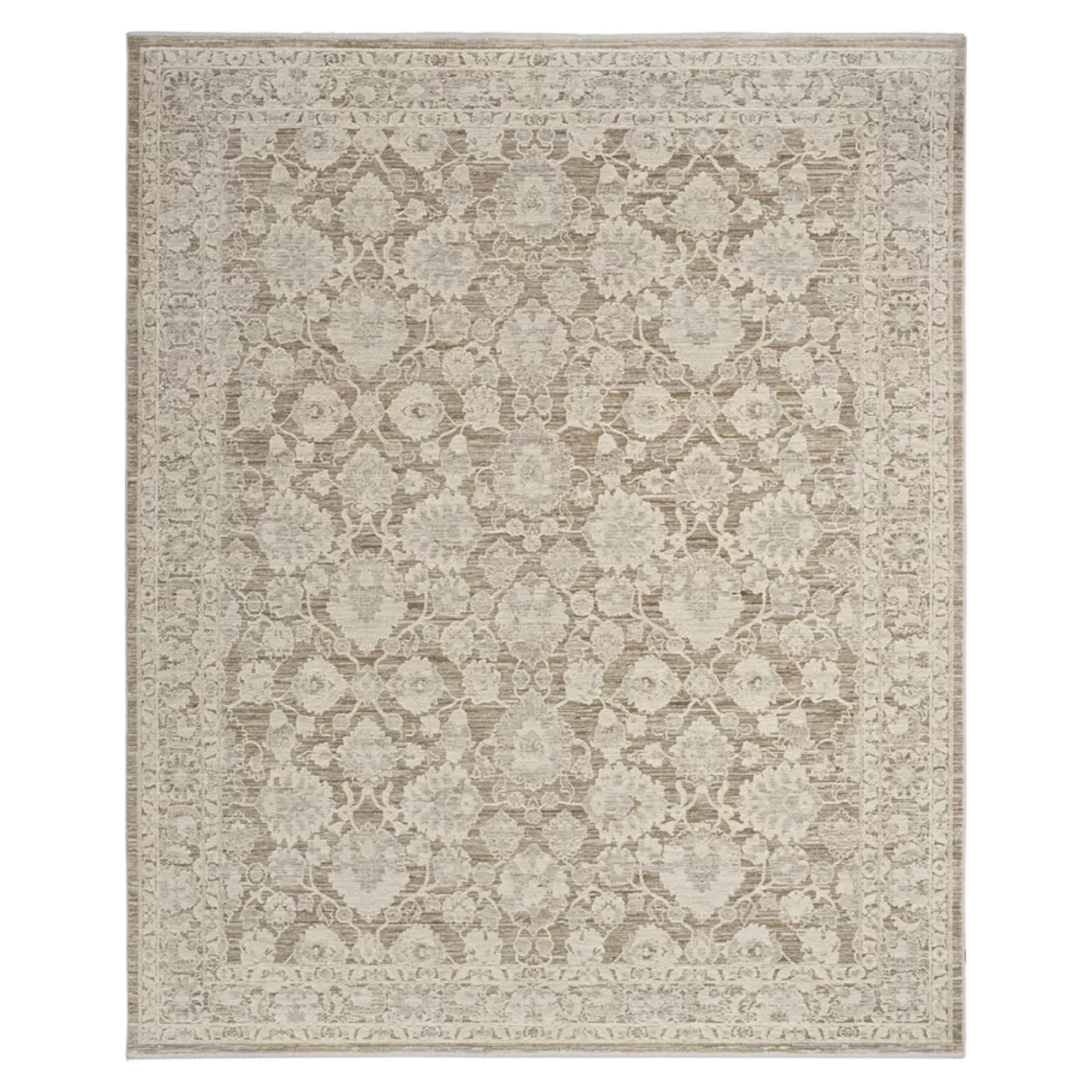 a floral rug in a muted tan and gray color