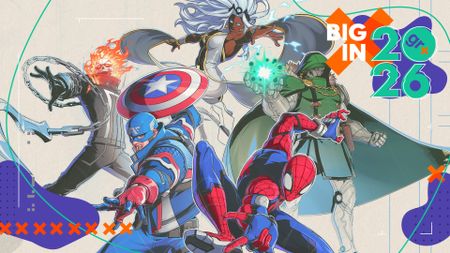 Key art for Marvel Tokon: Fighting Souls showing sketchy drawings of Ghost Rider, Captain America, Spider-Man, Storm, and Doctor Doom all ready for a fight - with the GamesRadar+ Big in 2026 brand frame