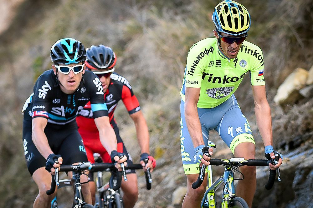 Alberto Contador on the front of the final lead group during stage 6 at Paris-Nice.