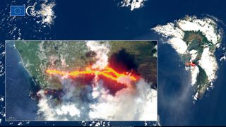 A new stream of lava is flowing down the Cumbre Vieja volcano on the Spanish island of La Palma after the collapse of its crater on Oct. 9.