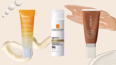 Murad, La Roche-Posay and Merit sunscreens on a beige background with product swatches