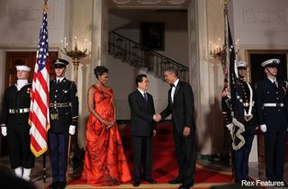 Michelle Obama in Alexander McQueen - British, designer, gown, dress, late, Barack Obama, Chinese President, State Dinner, Marie Claire