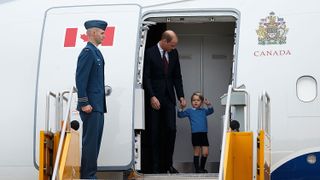 Prince William and Prince George arrive at 443 Maritime Helicopter Squadron on September 24, 2016 in Victoria, Canada