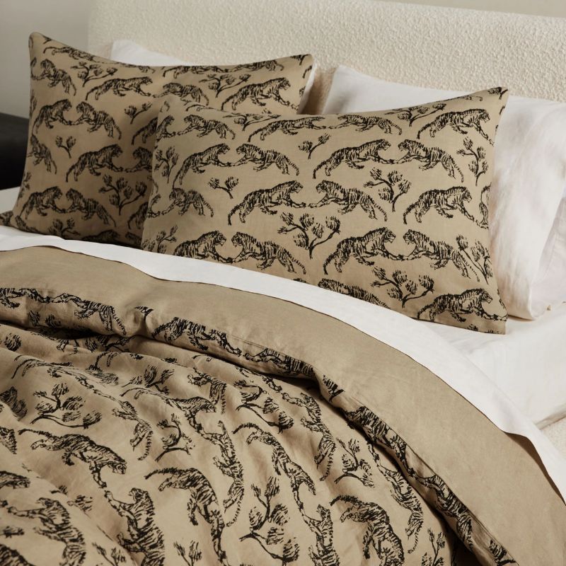 brown bedding with tiger motif