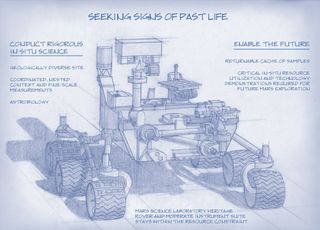A sketch of the design for NASA's 2020 Mars rover, which will be based heavily on the agency's Curiosity rover. Agency officials will announce the 2020 rover's science instruments on July 31, 2014.