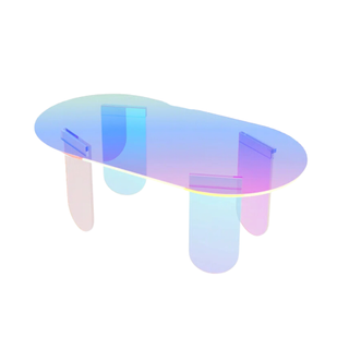 An iridescent acrylic coffee table