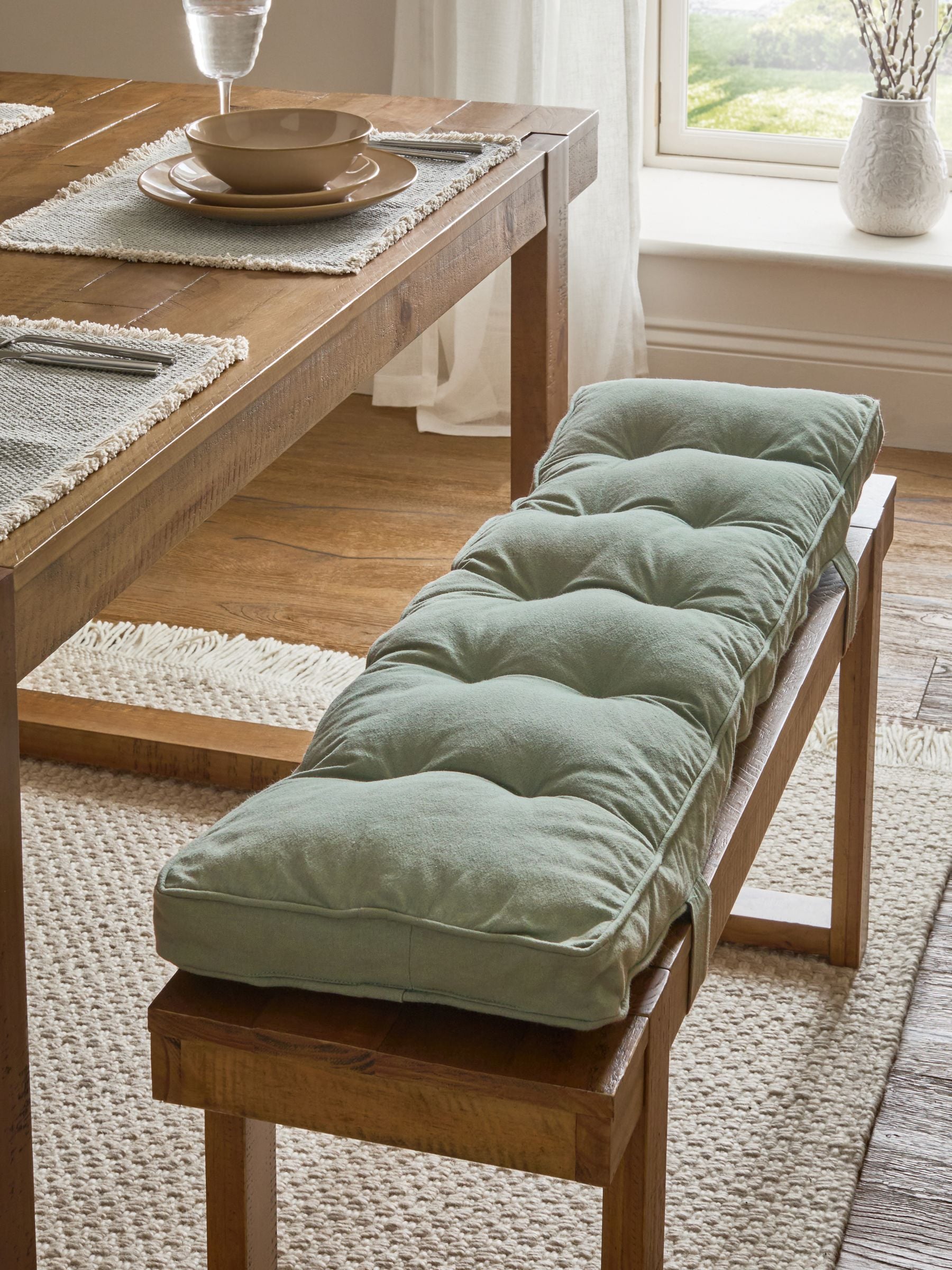 Sage Green Linen Look Padded 100% Cotton Dining Bench Seat Cushions