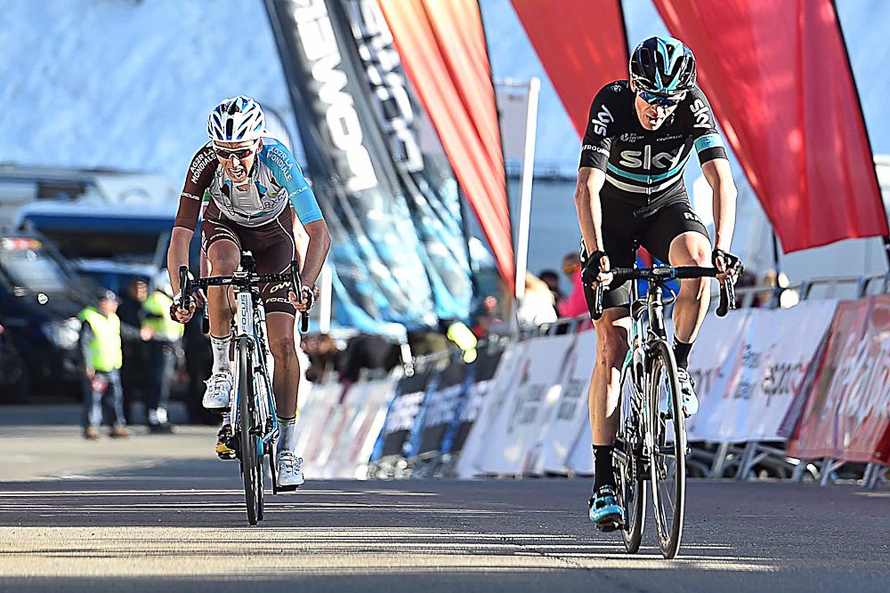 Chris Froome and Romain Bardet cross the finish line during stage 4 at Volta a Catalunya